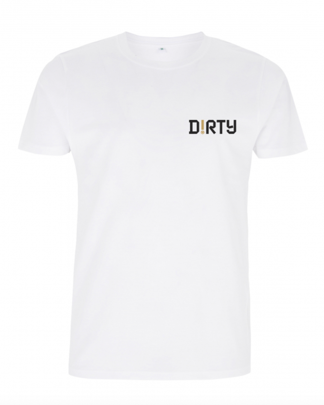 White t-shirt with 'DIRTY' text on a white background
