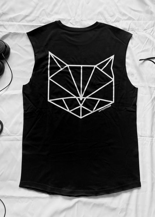 KATERMUKKE - Black cotton tank top with a minimalist front featuring a small cat logo on the chest and a hand-sewn PAPAGE label near the hem. The back shows a large geometric cat design printed in white using high-quality screen printing. The fit is oversized with dropped shoulders and a crew neck.